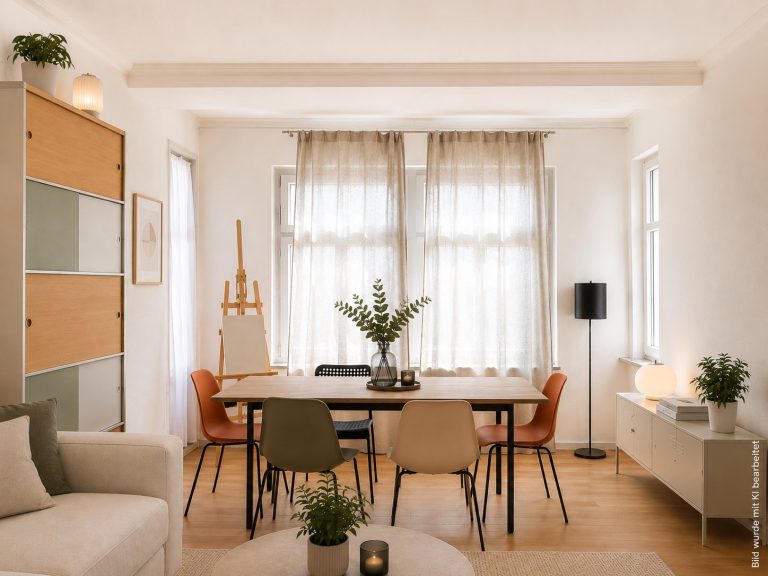 Wohn- und Essbereich Wohnung 6 – möbliert, KI-visualisiert